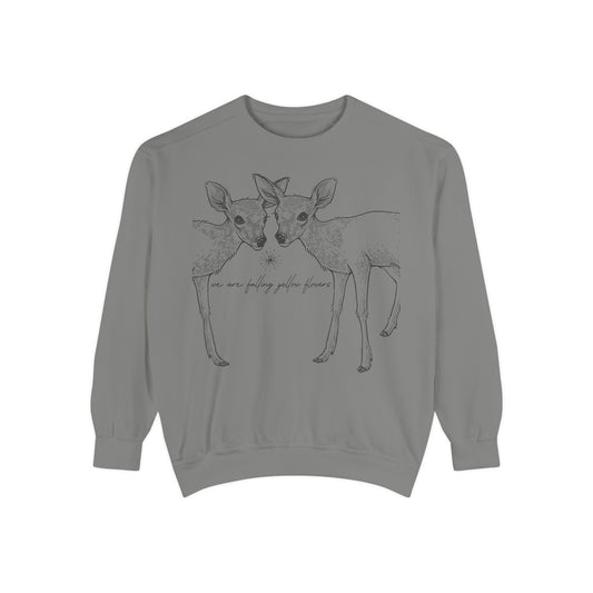 Two Deer: We are falling yellow flowers- Garment-Dyed Sweatshirt — Unisex- WHITE