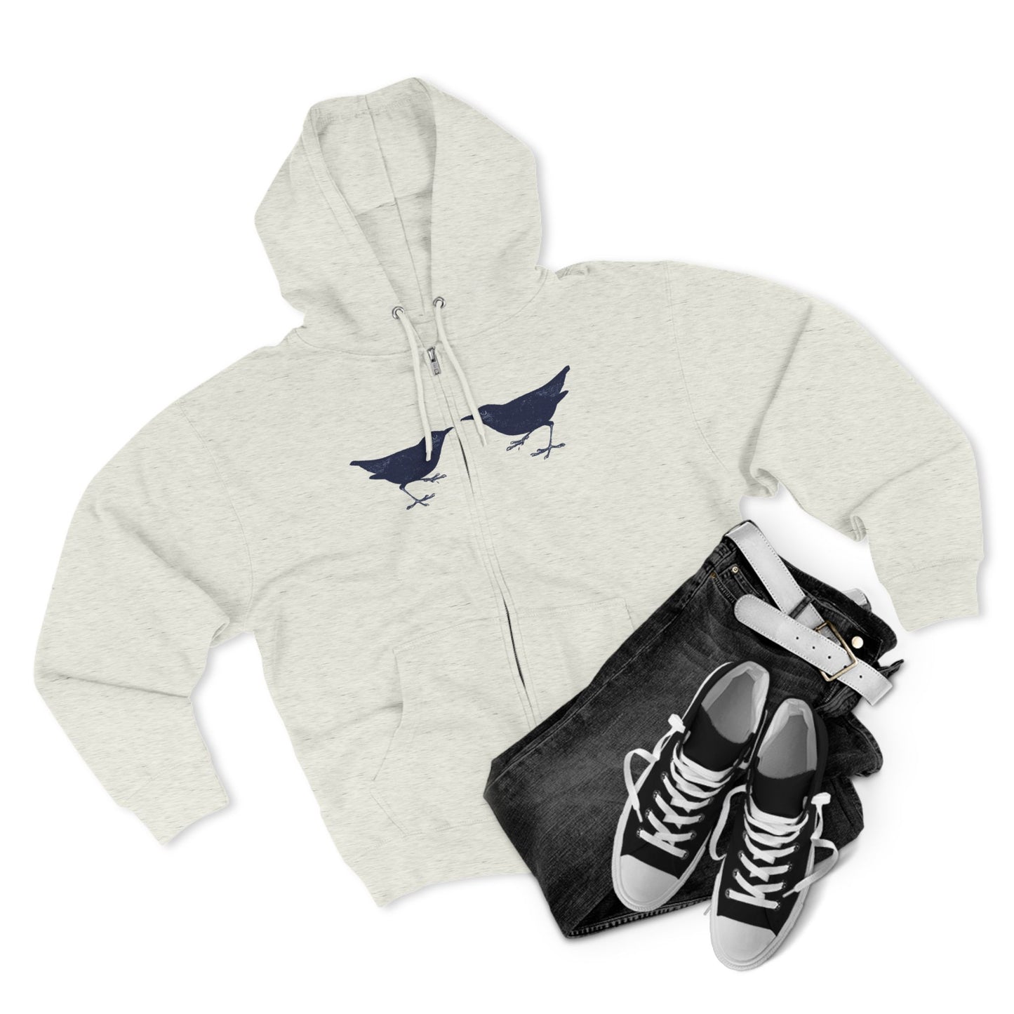 Single Tree with Two Birds - Navy Print Unisex Zip Hoodie- THE STORE by avalove