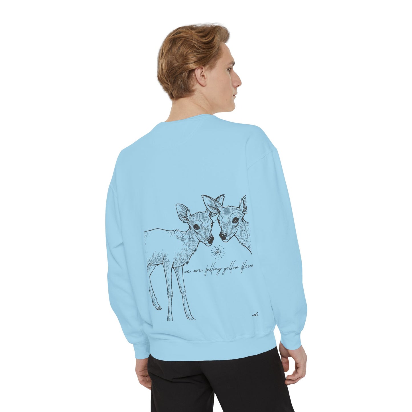 Two Deer: We are falling yellow flowers- Garment-Dyed Sweatshirt — Unisex- WHITE