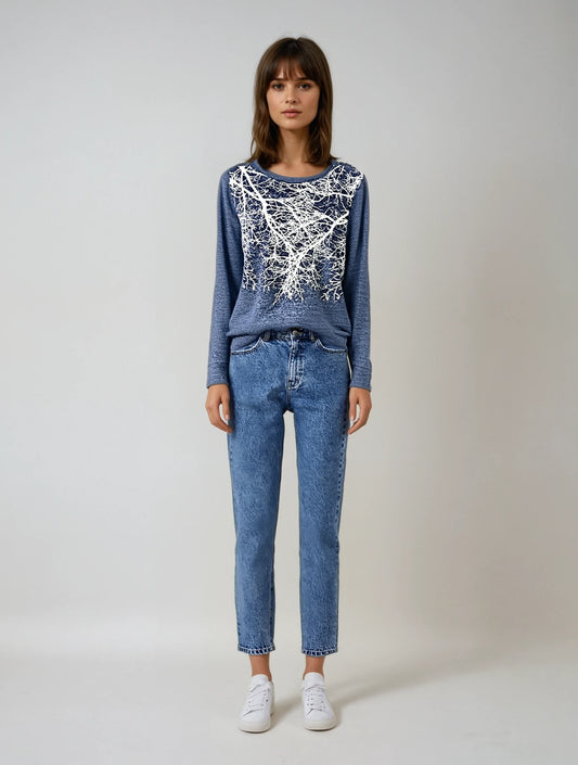Moon Trees Lightweight Tunic Sweater- NAVY AND WHITE