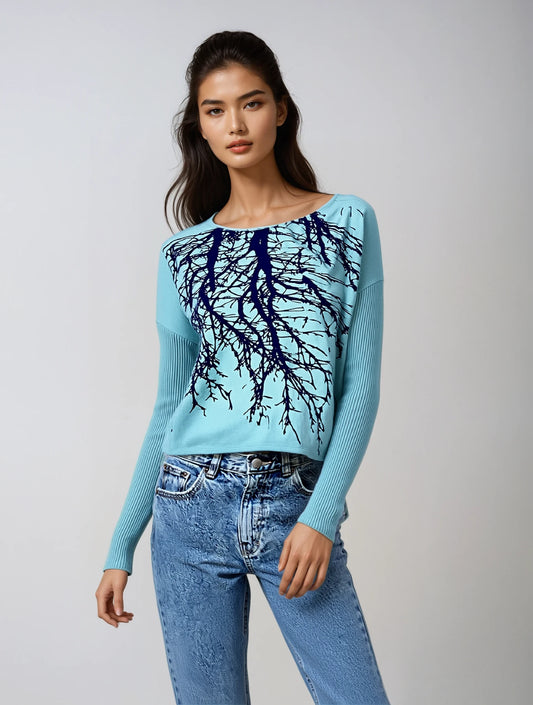 Tribe Tree Teal Ribbed Sleeve Sweater-ALL SIZES