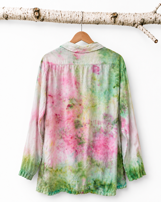 Watercolor: Ice Dye, One of a Kind Button Down Linen Top- M