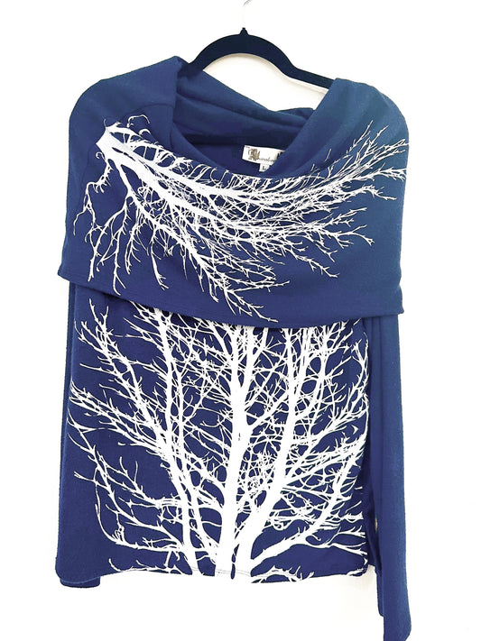 Tree Amulet Cowl- Big Branch Cowl Neck Sweater-Navy Limited Edition