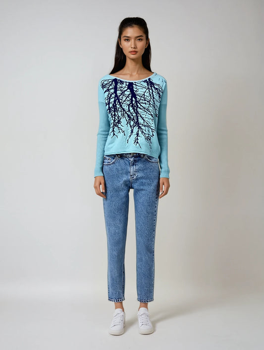 Tribe Tree Teal Ribbed Sleeve Sweater-ALL SIZES