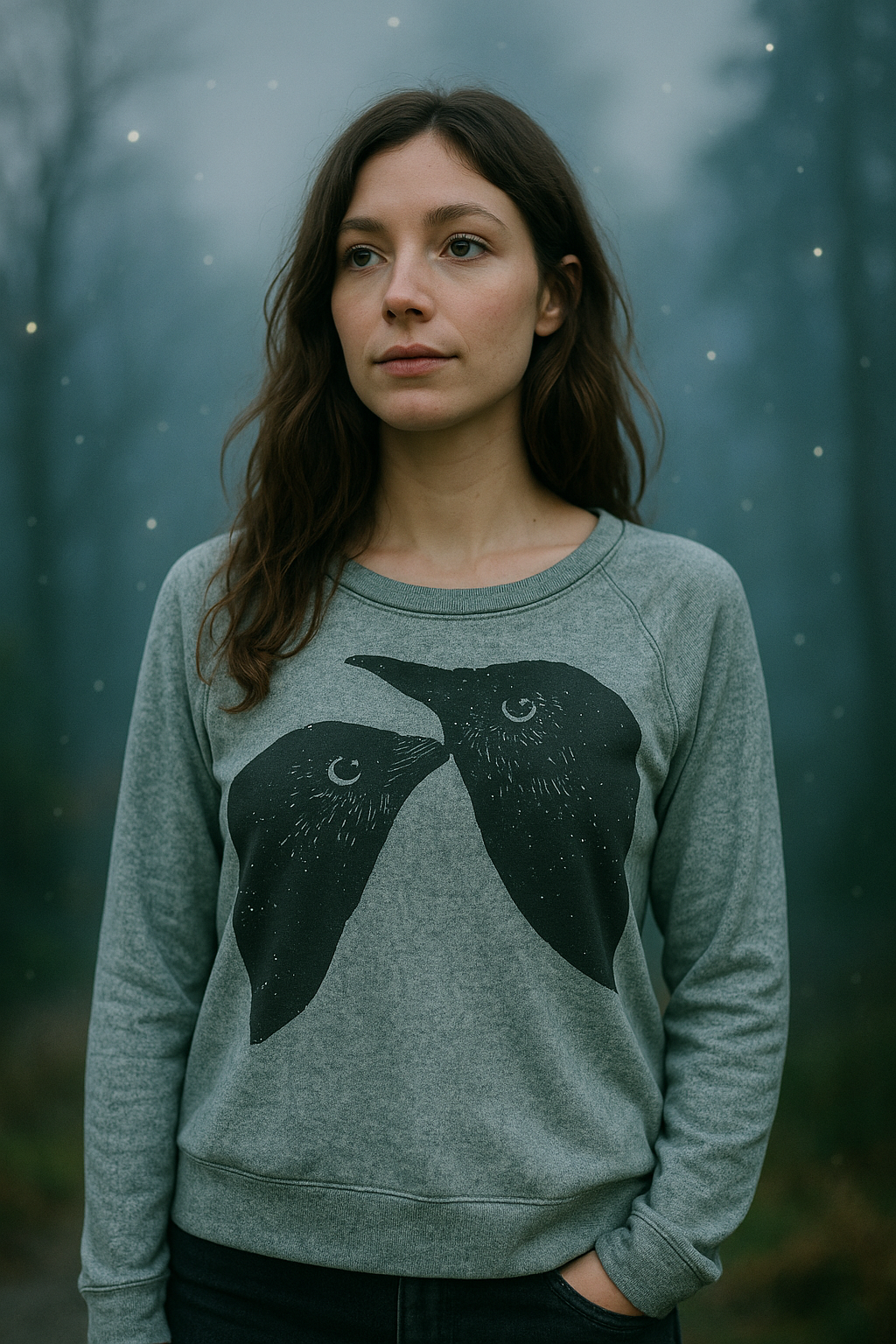 Blackbirds Basic Sweater-Sage Green: with embroidery: leaves and moons