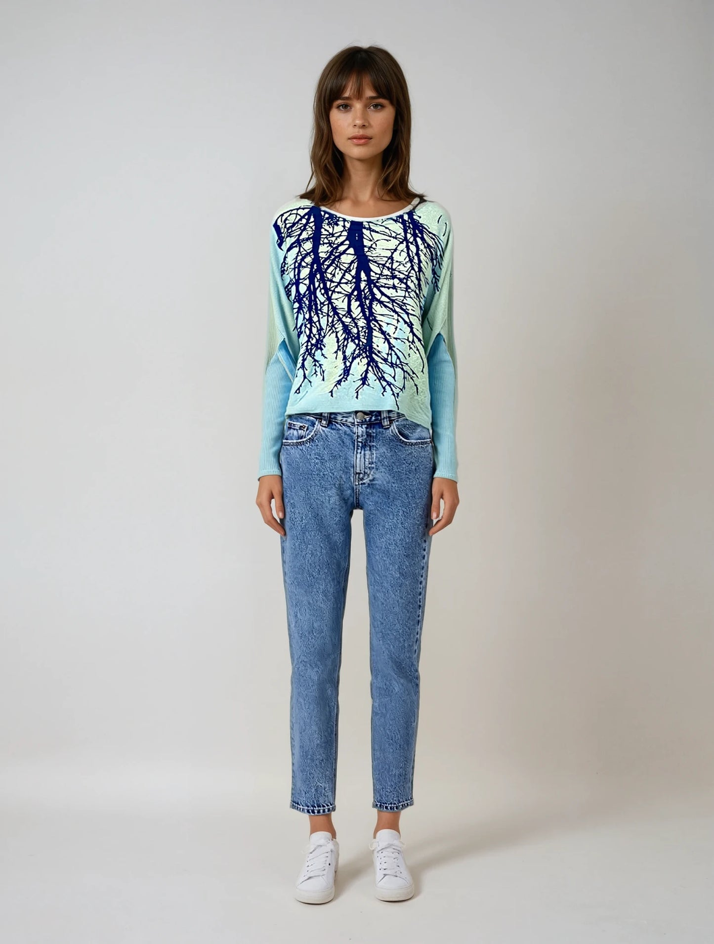 Tribe Tree Teal Ribbed Sleeve Sweater-ALL SIZES