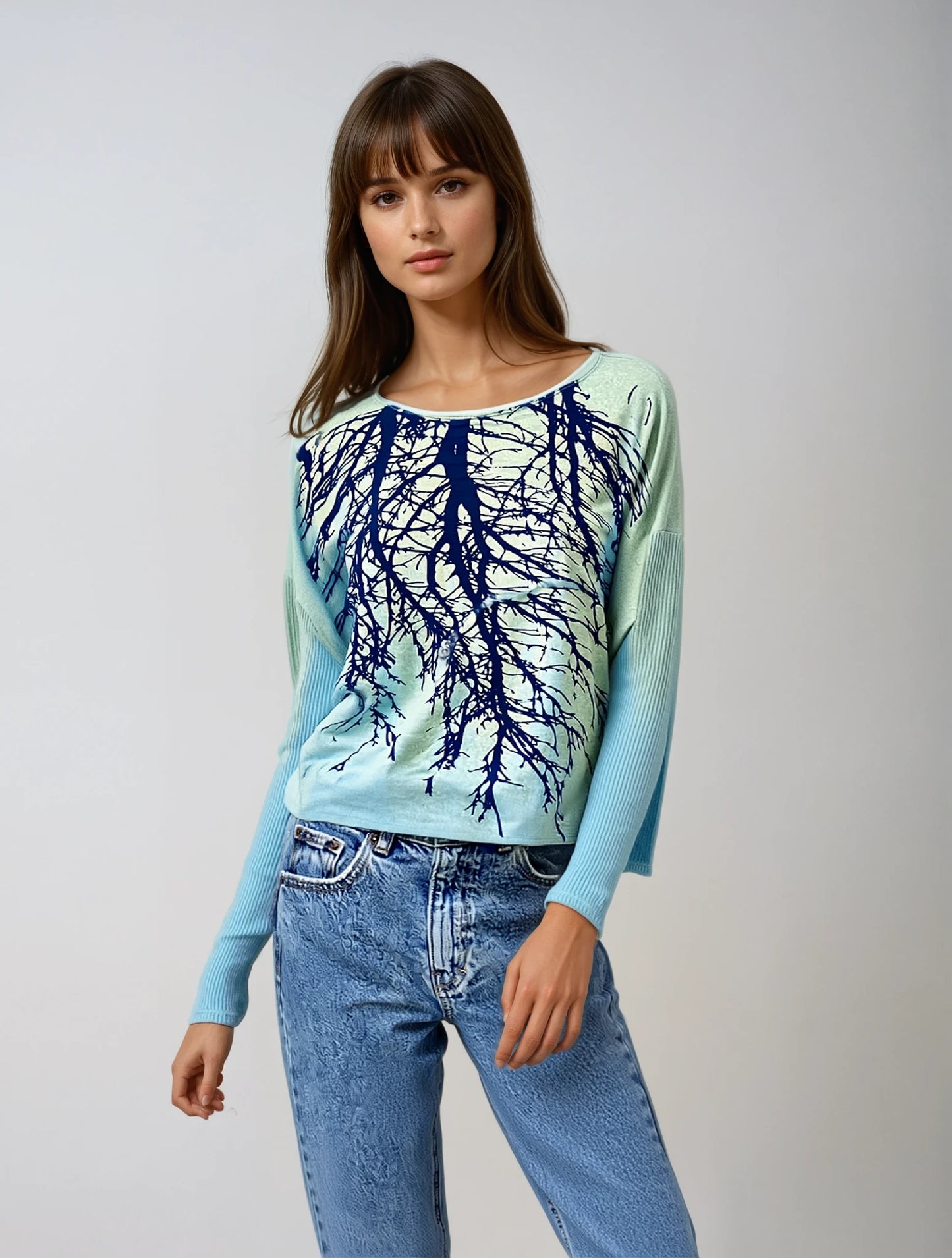 Tribe Tree Teal Ribbed Sleeve Sweater-ALL SIZES