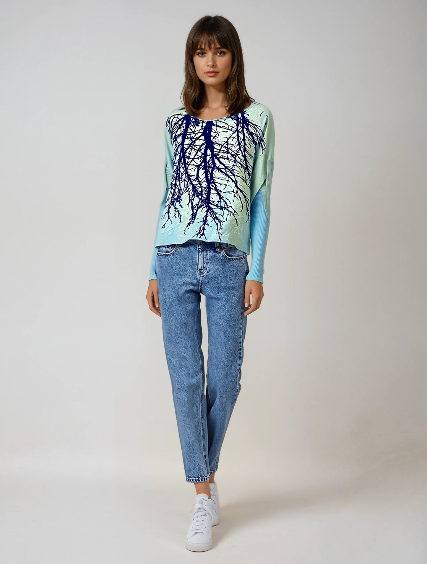 Tribe Tree Teal Ribbed Sleeve Sweater-ALL SIZES