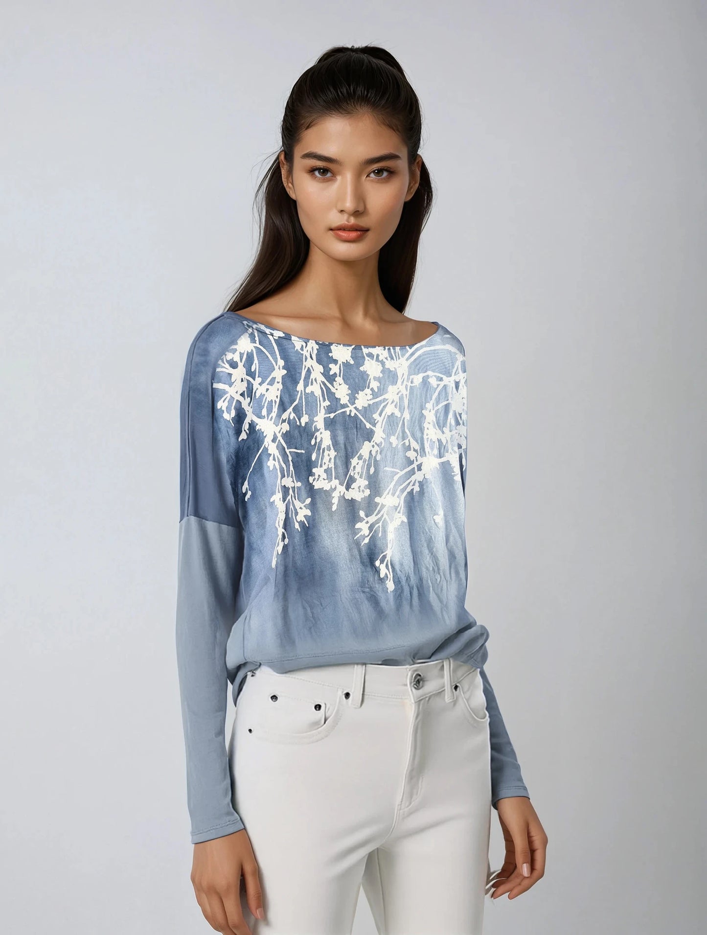 Falling Flowers Long Sleeve-Blue Mono Dye