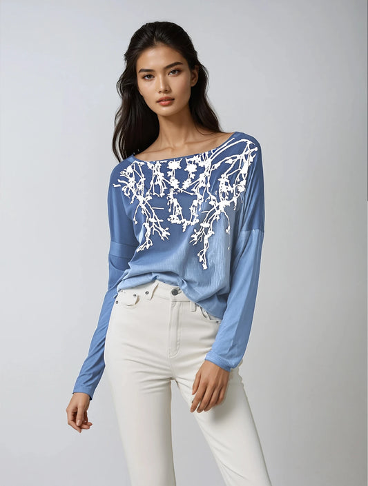 Falling Flowers Long Sleeve-Blue Mono Dye