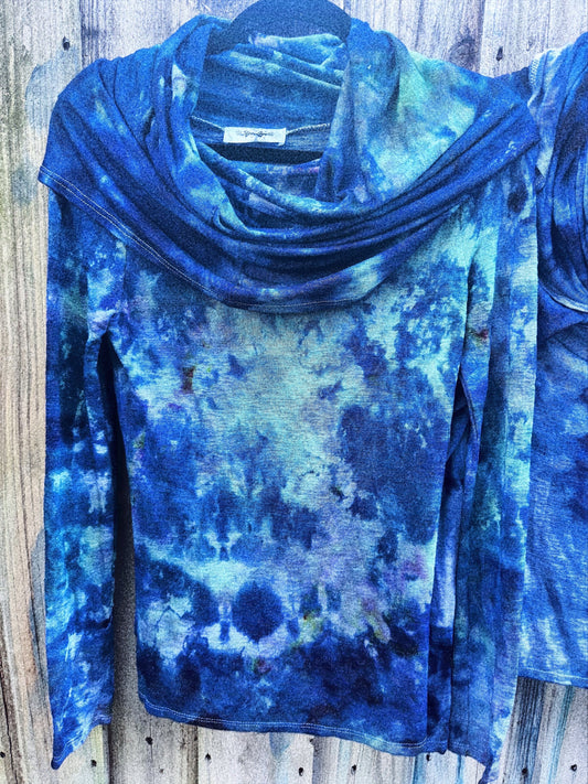 One of a Kind Watercolor Ice Dyed  Fancy Cowl Neck Long Sleeve Tee Limited Edition-sizing goes up to 1XL