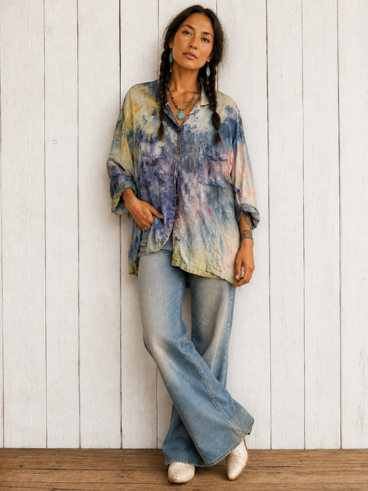 Watercolor: Ice Dye, Painter’s Smock, Collared Button Down Linen Top- M