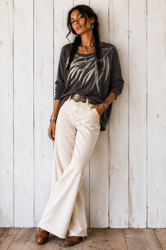 Eucalyptus in gilded silver on fleecy sweater -charcoal
