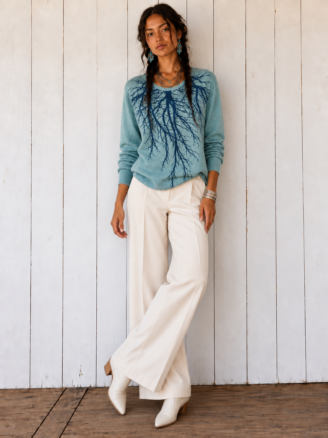 Tribe Tree Teal Ribbed Sleeve Sweater-M/L