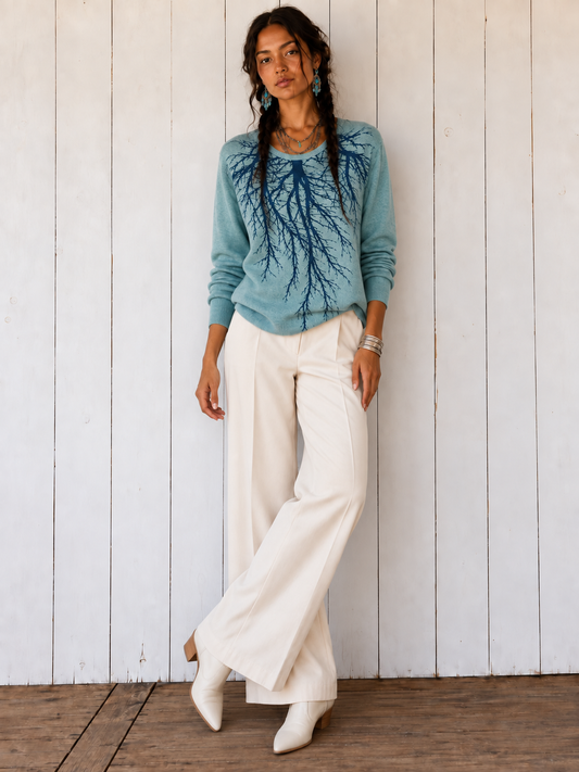 Tribe Tree Teal Ribbed Sleeve Sweater-M/L