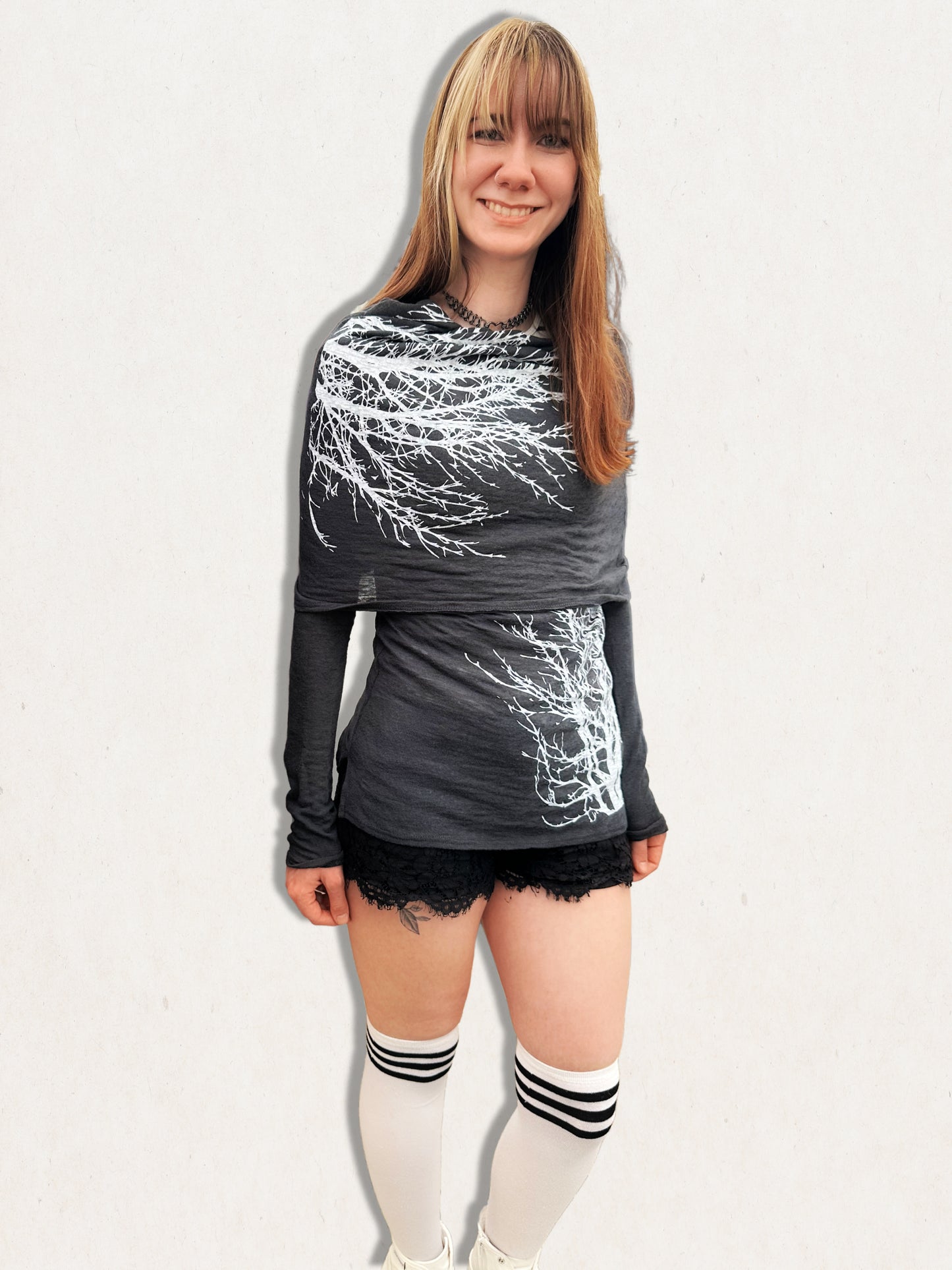 Tree Amulet Cowl Neck Long Sleeve Charcoal