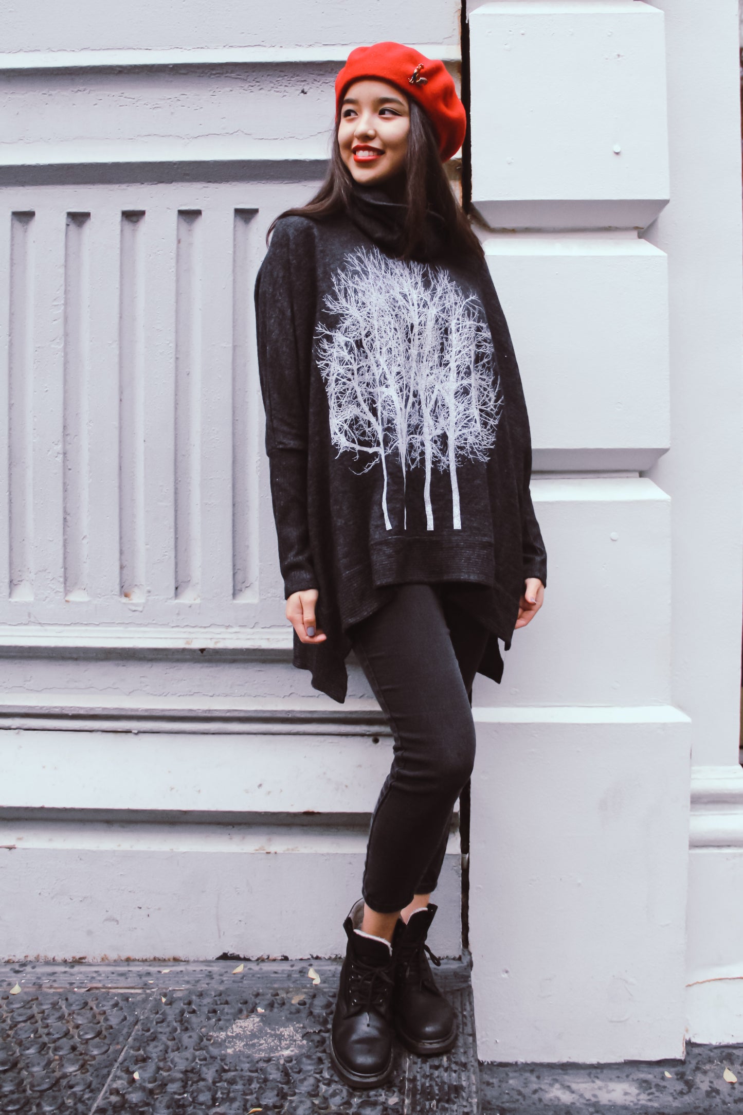 Fairytale Trees Poncho Charcoal with birdie on back