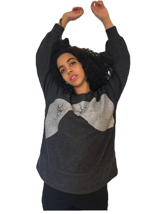 Moon Birds Sweater-Ultra LUX Vegan Fleece Cashmere- Charcoal with Silver print