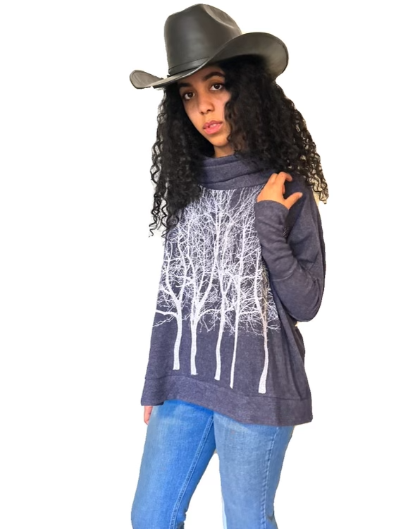 Fairytale Tree Turtleneck Fleecy Sweater -Pacific Ocean Blue