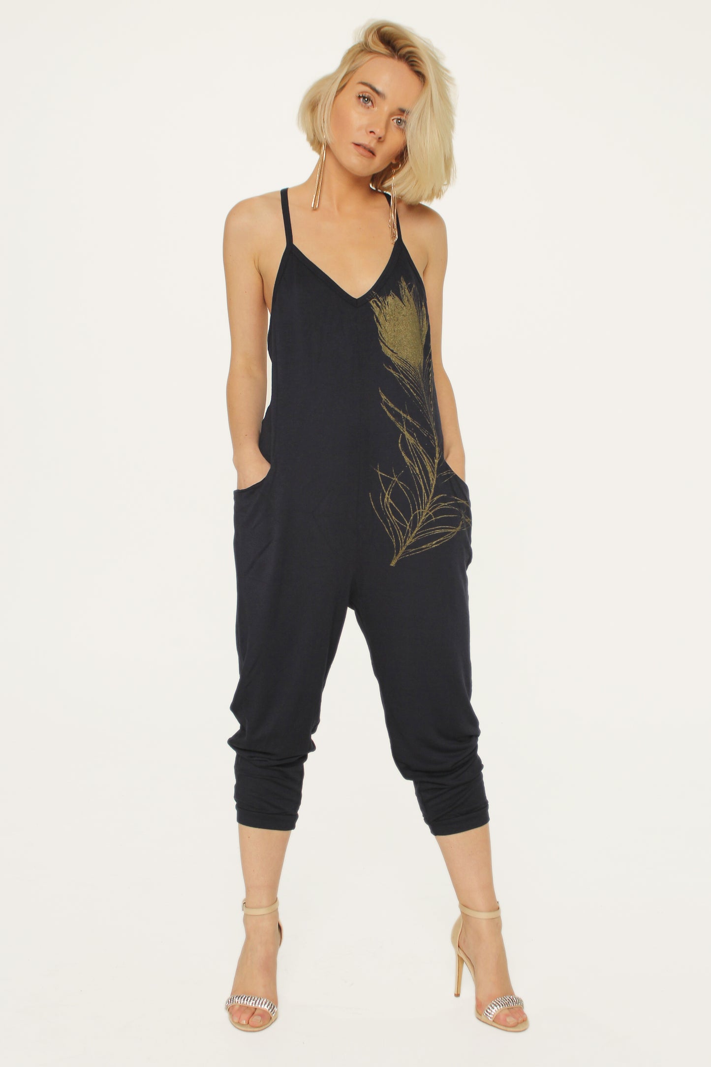 WABI SABI SALE Peacock Feather Jumpsuit Grey with copper feather