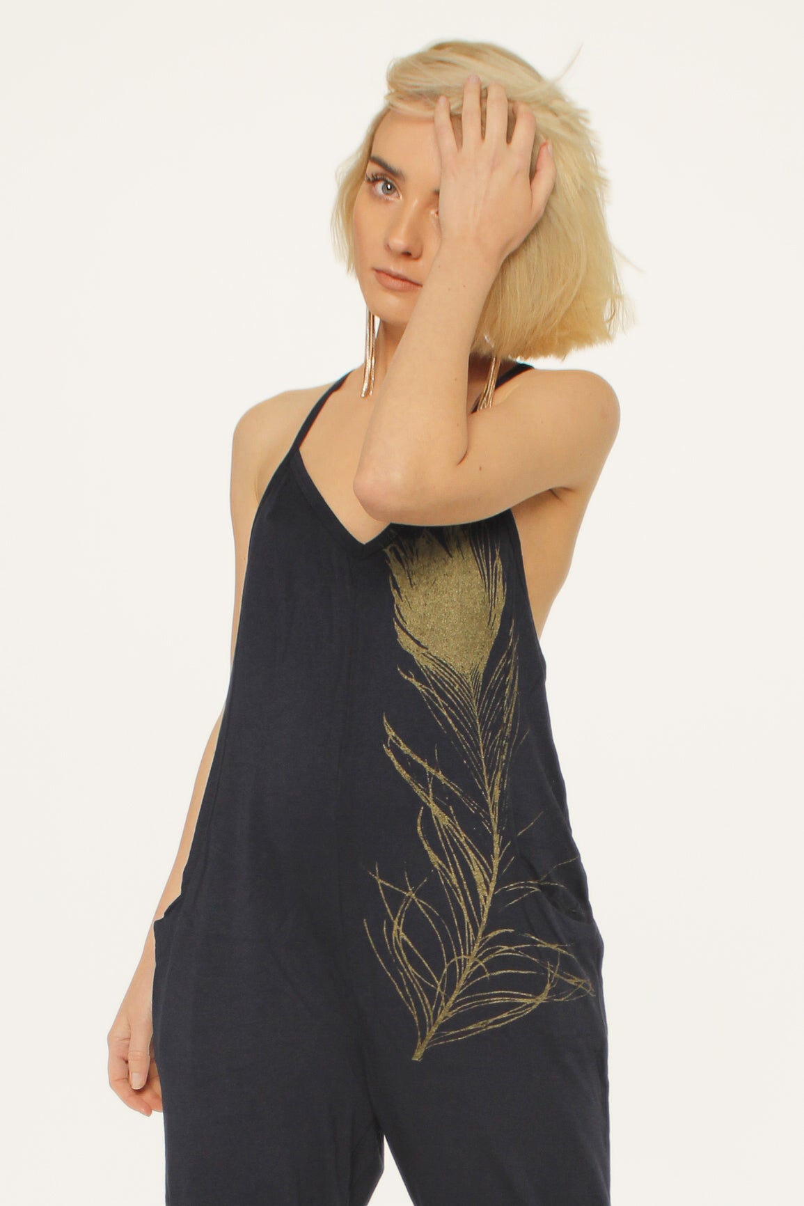 WABI SABI SALE Peacock Feather Jumpsuit Grey with copper feather