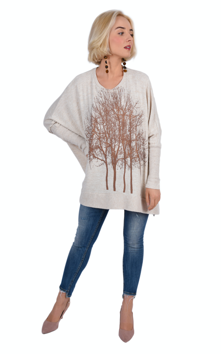 Rose Gold Fairytale Trees Oatmeal Swing Sweater- Flowy Cut- Wabi Sabi-ALL SIZES