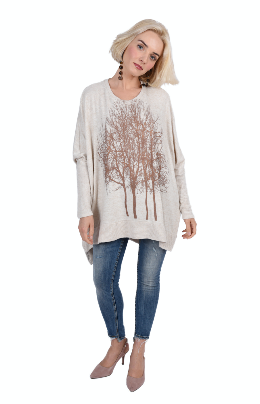 Rose Gold Fairytale Trees Oatmeal Swing Sweater- Flowy Cut- Wabi Sabi-ALL SIZES