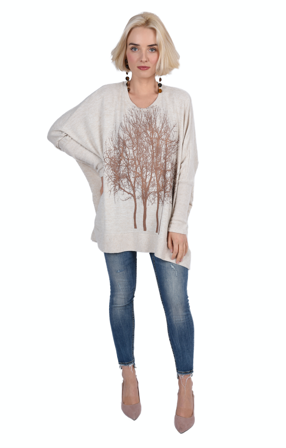 Rose Gold Fairytale Trees Oatmeal Swing Sweater- Flowy Cut- Wabi Sabi-ALL SIZES