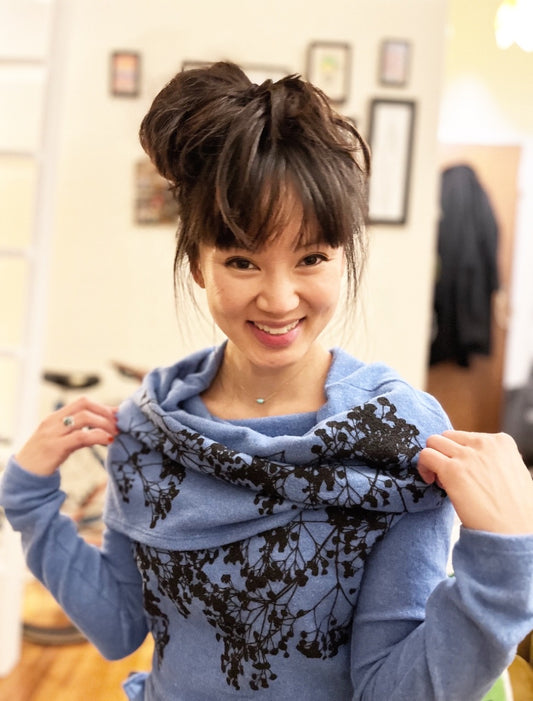 Veil of Flowers Fuzzy Cowl Neck Sweater-Sky Blue
