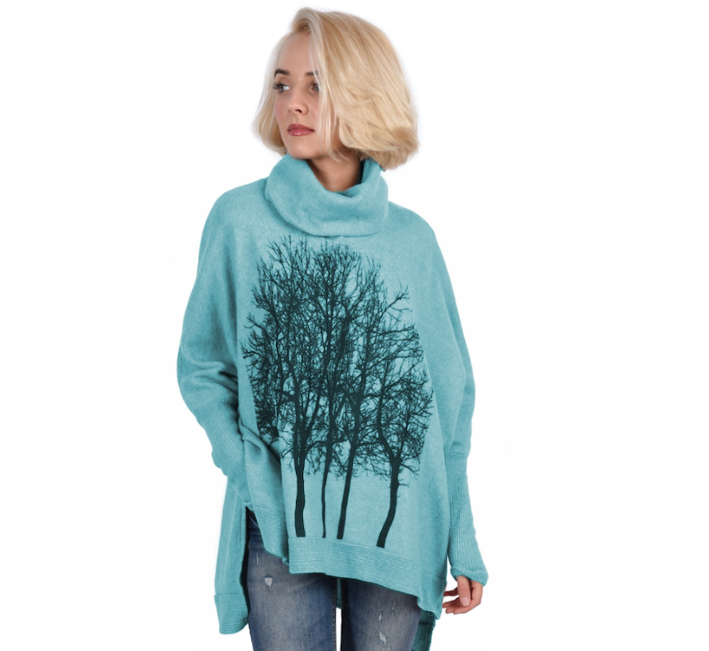 Fairytale Tree Oversized Turtleneck Fleecy Sweater -Sky Blue