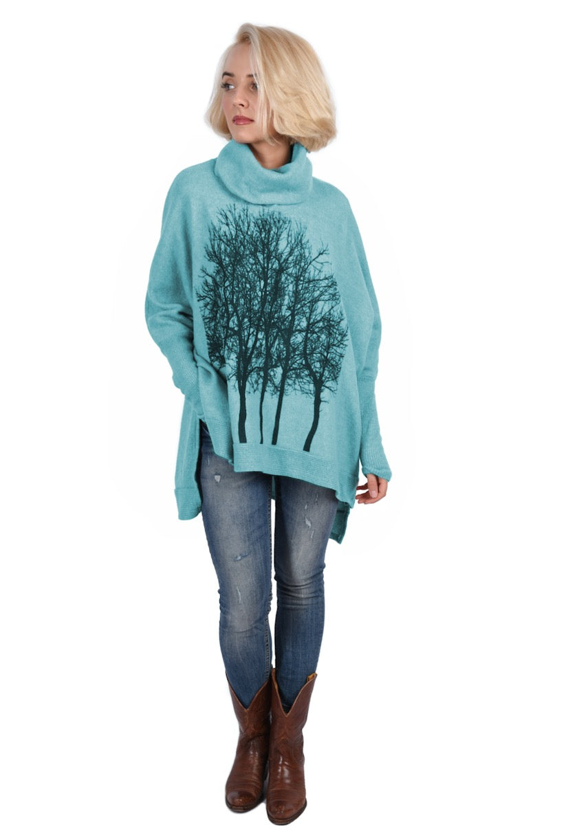 Fairytale Tree Oversized Turtleneck Fleecy Sweater -Sky Blue
