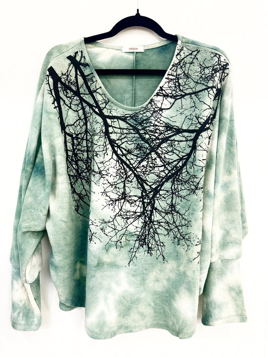 Moon Trees Tie Dye Boho Sweater- Sage Green