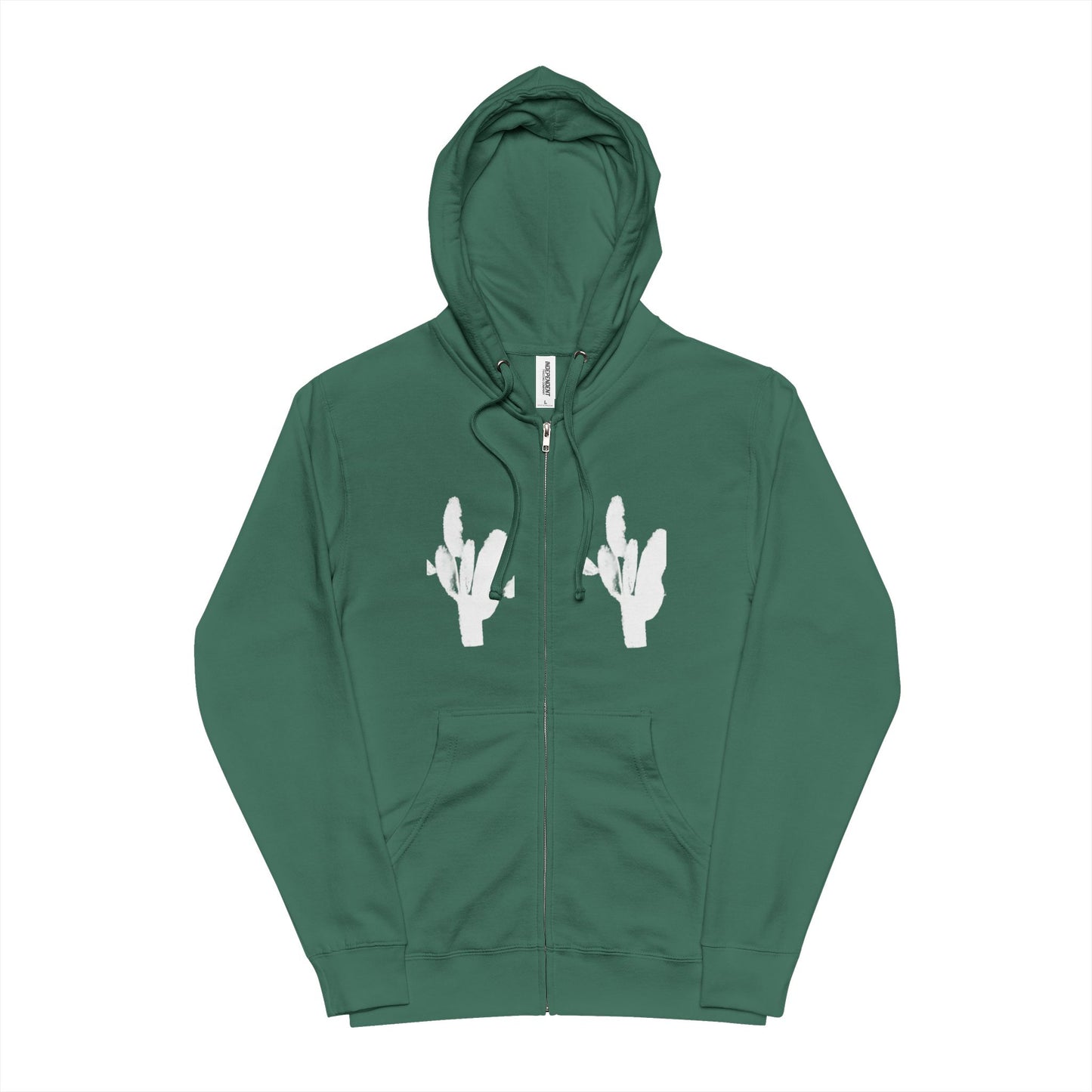 Saguaro Cactus Zip-Up Hoodie — Minimal White Cactus Graphic on Forest Green, THE STORE by avalove
