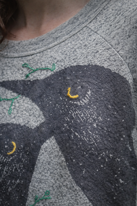 Blackbirds Basic Sweater-Sage Green: with embroidery: leaves and moons