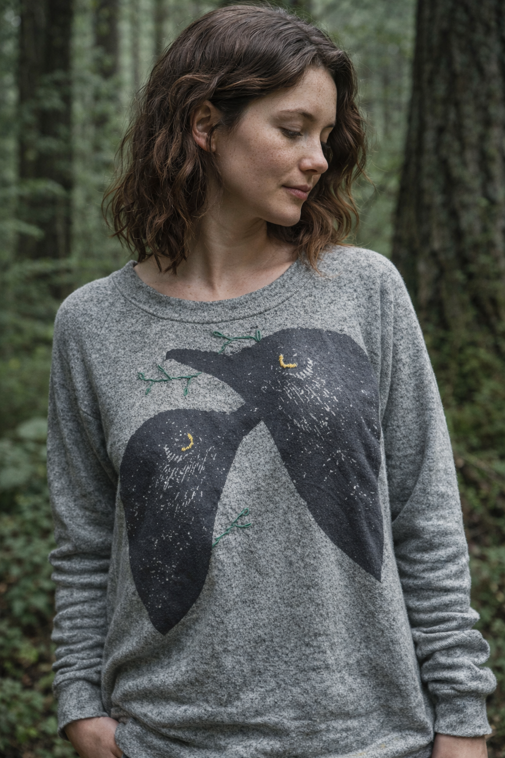 Blackbirds Basic Sweater-Sage Green: with embroidery: leaves and moons