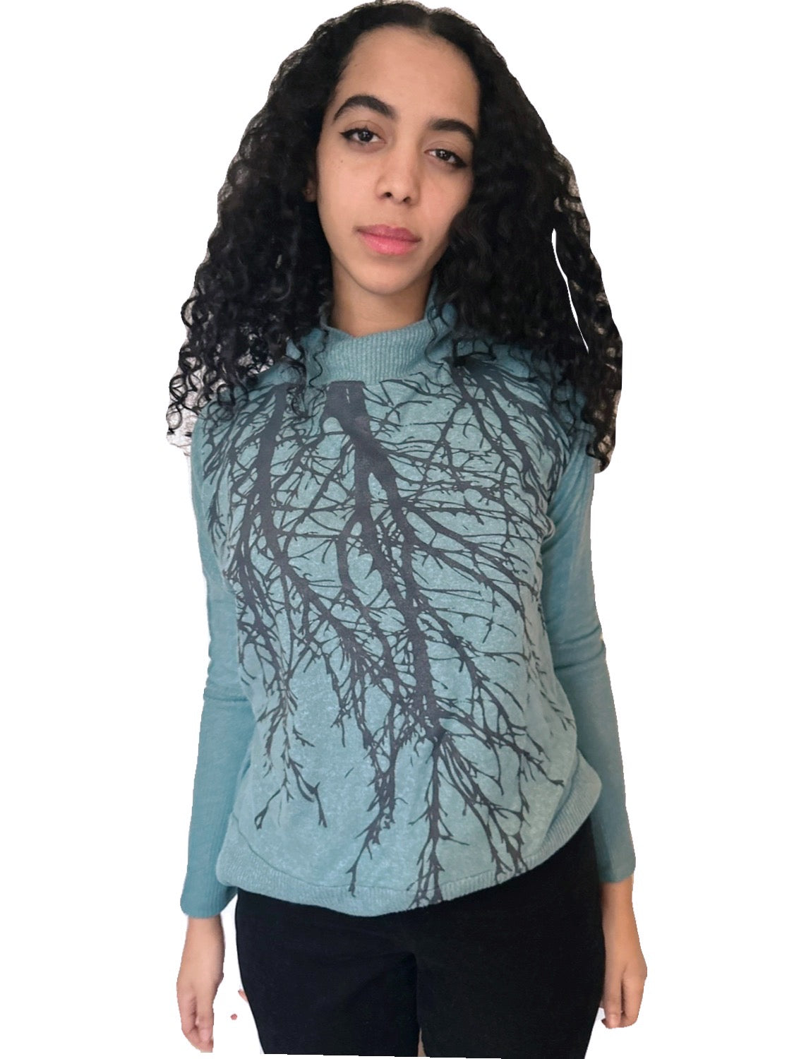 Tribe Tree Teal Ribbed Sleeve Sweater