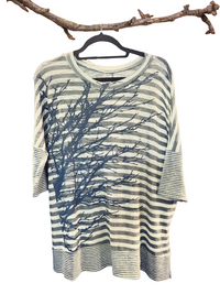 Stripey Sideways Tree Lightweight Knit 3/4 Sleeve Top