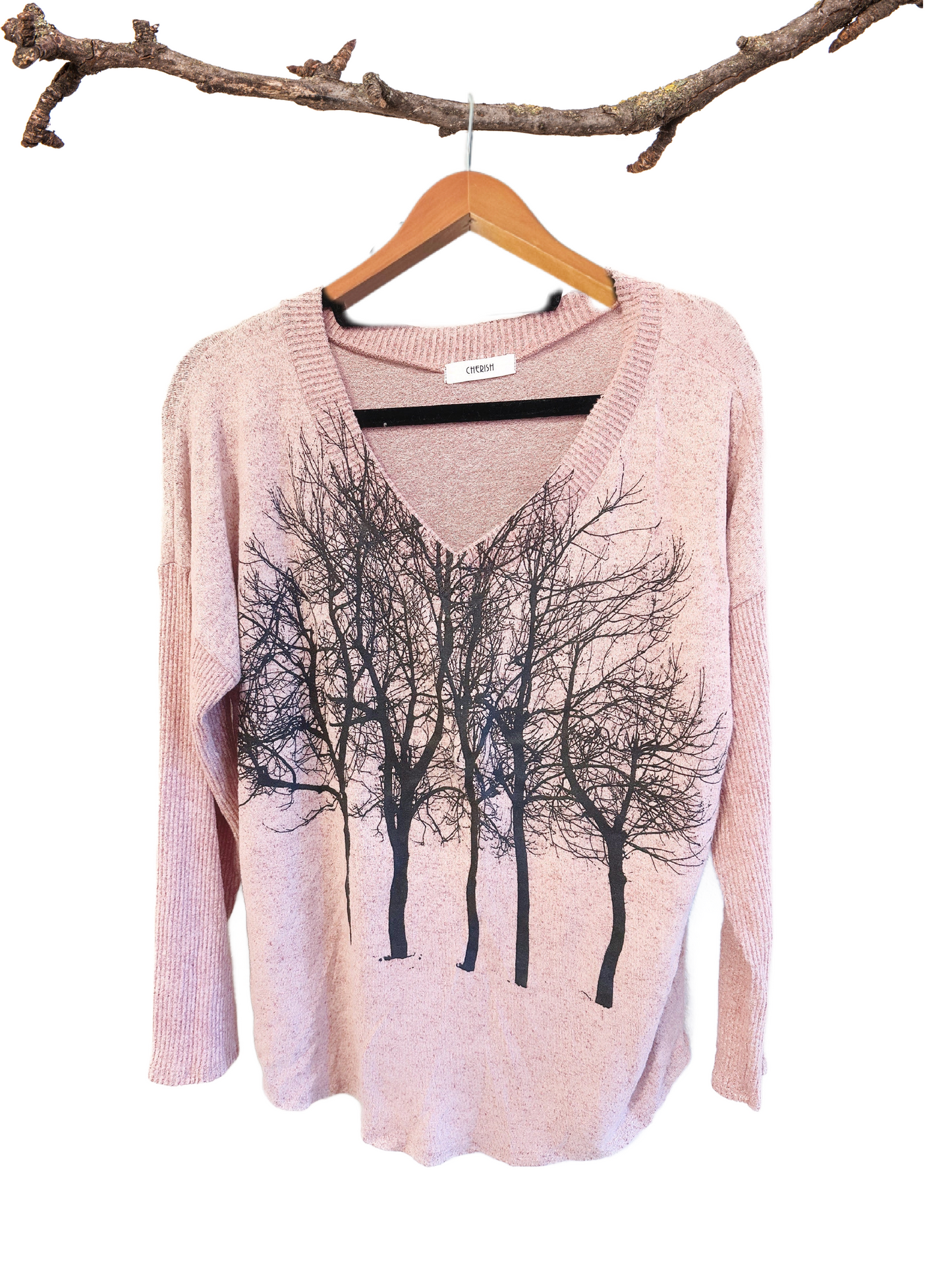 Tribe Tree Rose Quartz Sweater Vneck with Ribbed Sleeve