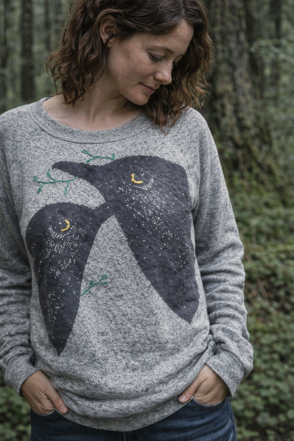 Blackbirds Basic Sweater-Sage Green: with embroidery: leaves and moons