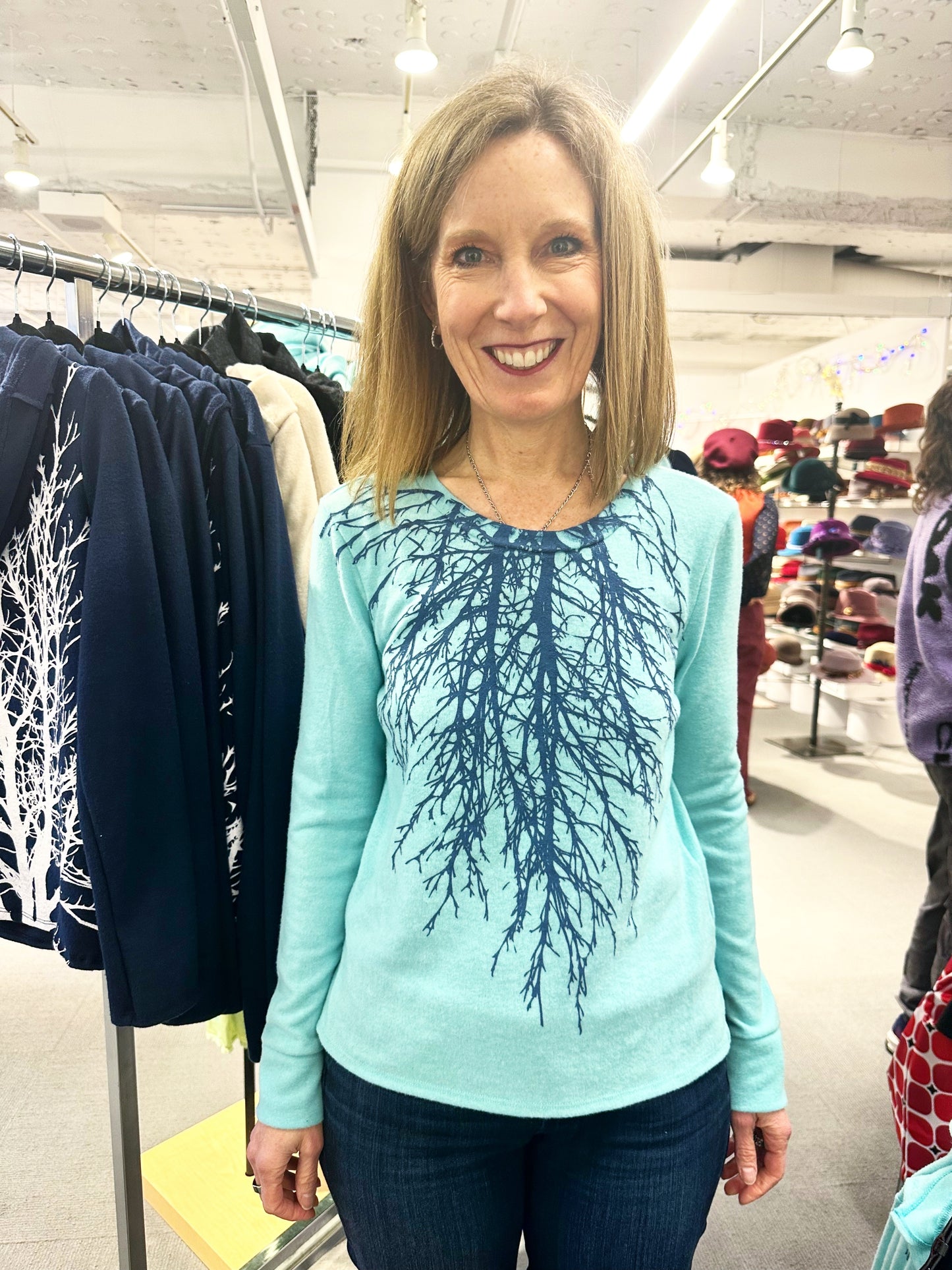 Tribe Tree fleece basic sweater ultra vegan cashmere fleece -Aqua with lavendar blue print