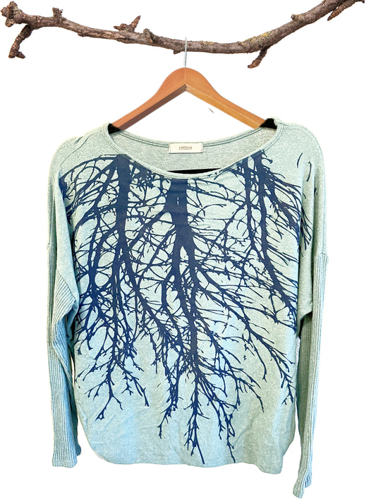 Tribe Tree Teal Ribbed Sleeve Sweater