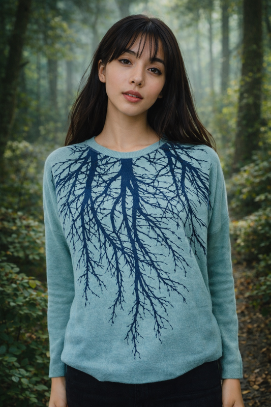 Tribe Tree Teal Ribbed Sleeve Sweater-ALL SIZES