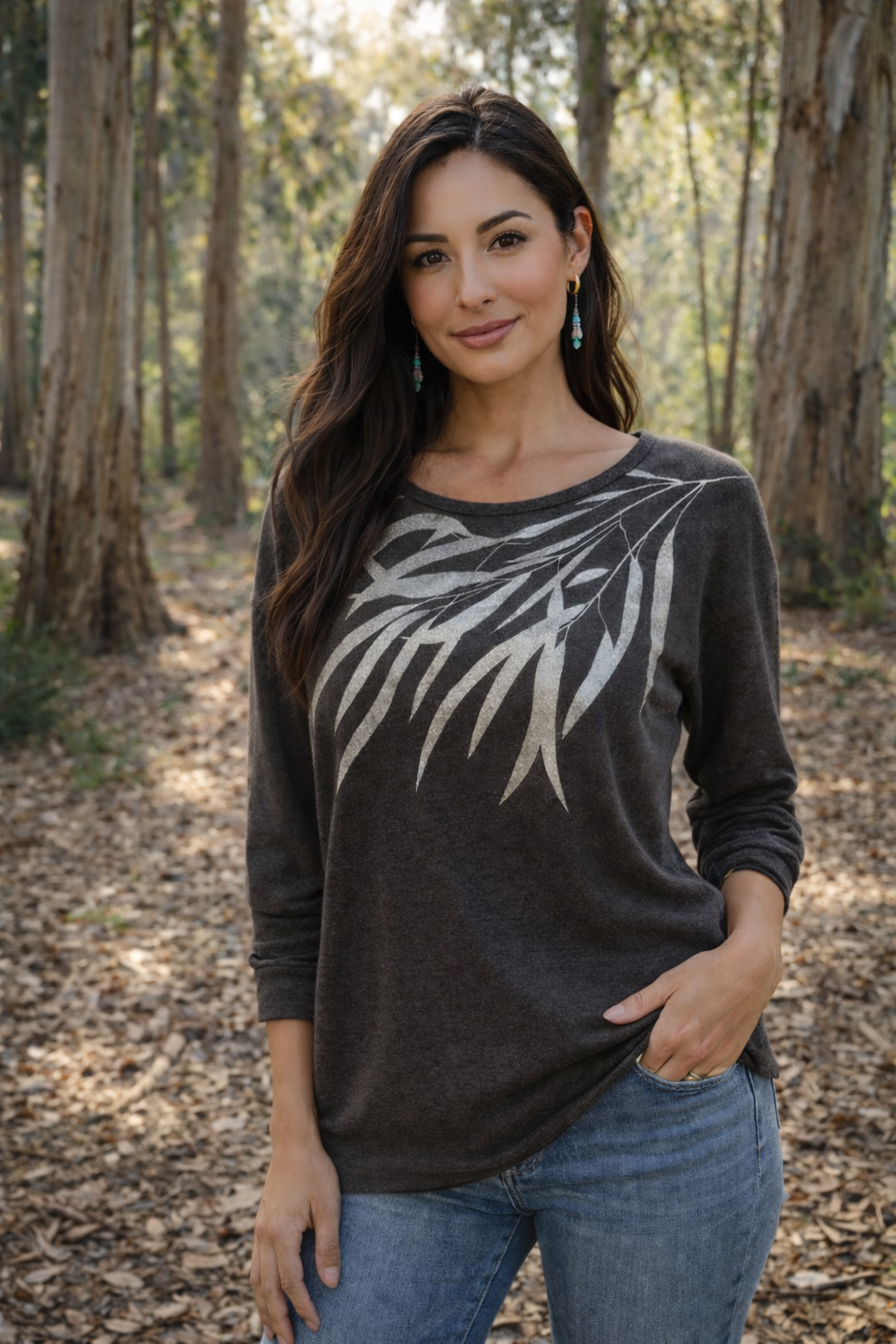 Eucalyptus in gilded silver on fleecy sweater -charcoal