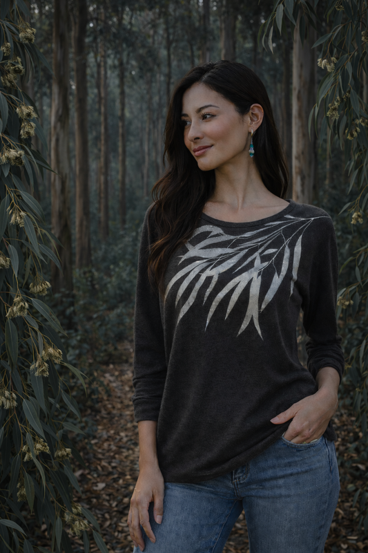 Eucalyptus in gilded silver on fleecy sweater -charcoal