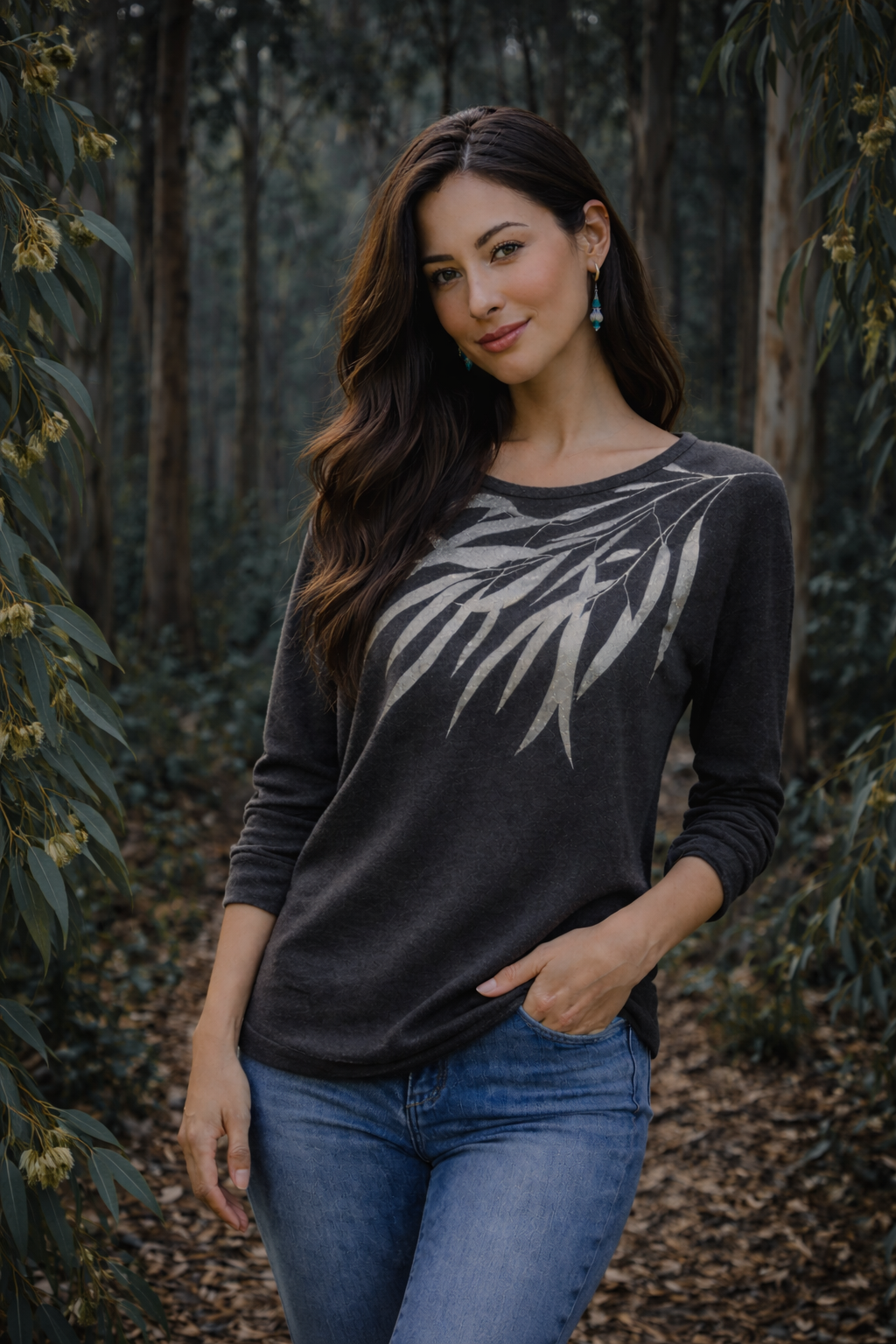 Eucalyptus in gilded silver on fleecy sweater -charcoal