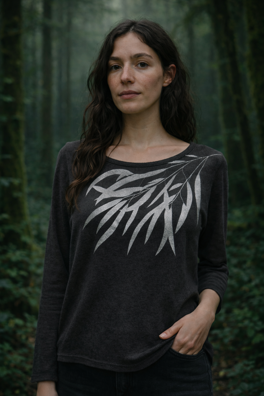 Eucalyptus in gilded silver on fleecy sweater -charcoal