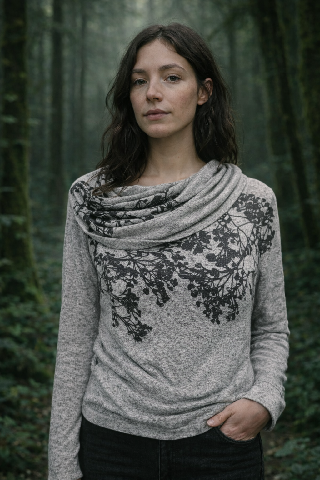 Veil of Flowers Fuzzy Cowl Neck Sweater