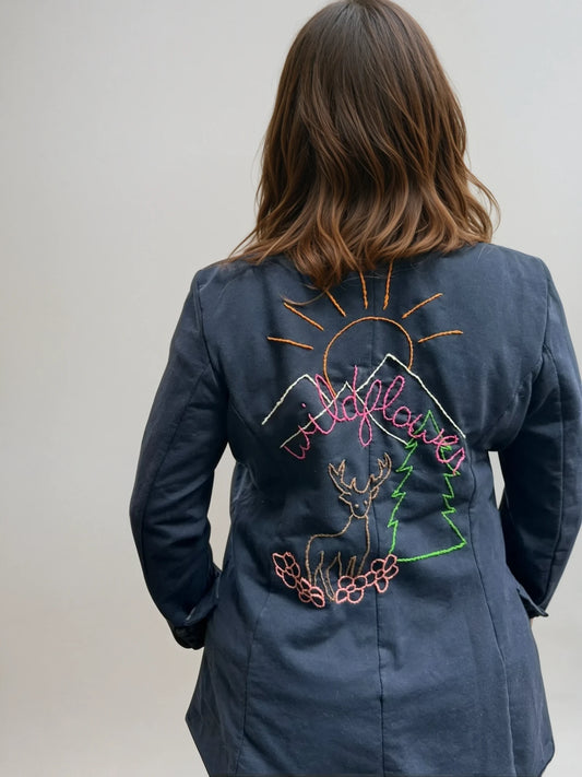 Meadow: Hand Embroidered Deer Jacket-NAVY