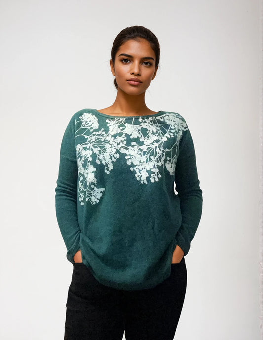 Veil of flowers fleece basic sweater ultra vegan cashmere emerald green