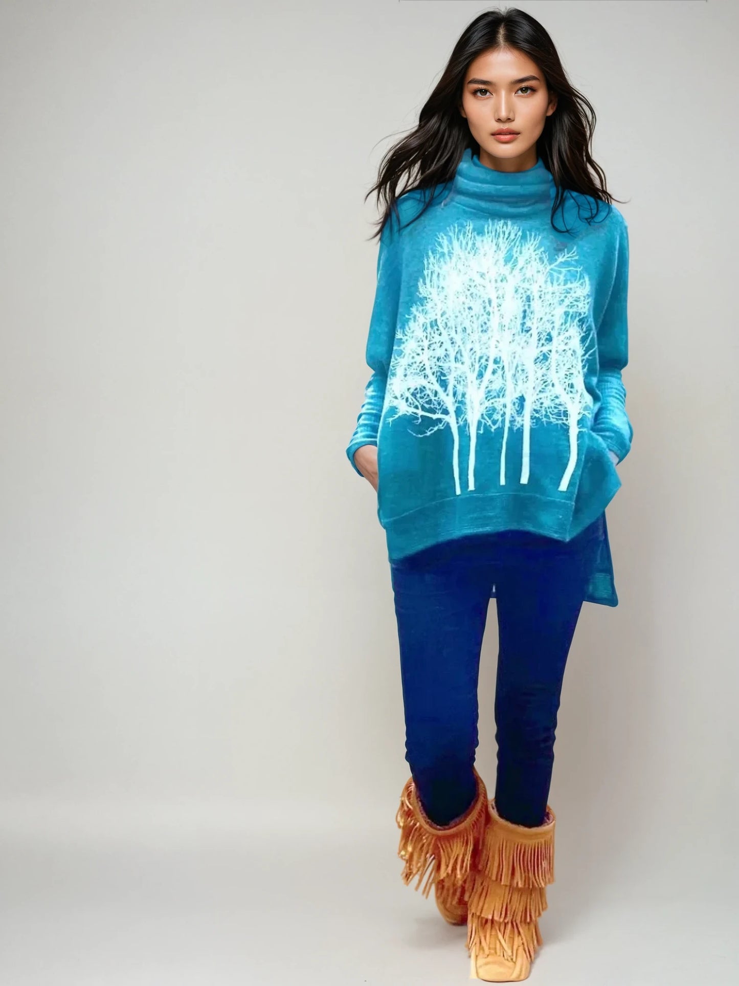 Fairytale Tree Oversized Turtleneck Fleecy Sweater -Emerald with white with bird on the back